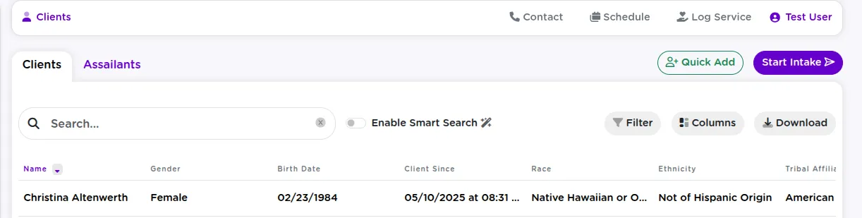 StriveDB intake screen offering paths for new client, returning client, anonymous contact, and matched lookup