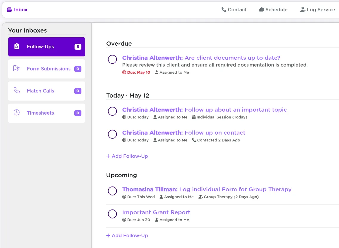 StriveDB Inbox dashboard showing follow-ups, pending forms, unmatched calls, and timesheet notifications grouped by category