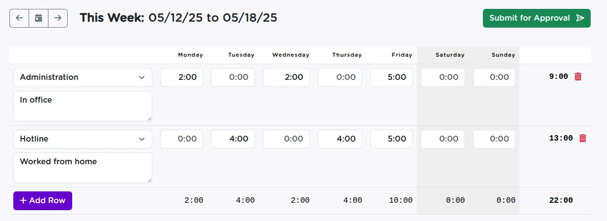 StriveDB volunteer timesheet showing self-entered hours grouped by activity, with approve and edit controls for the program director
