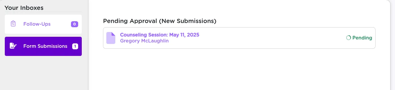 StriveDB clinical supervisor inbox showing counseling session notes pending review, with approve and request-changes actions on each item