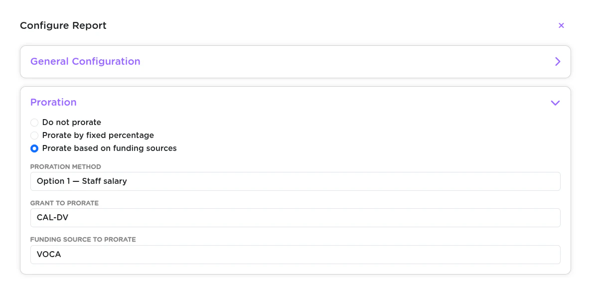 The Configure Report dialog for a VOCA performance measures report in StriveDB, with the Proration section expanded showing three options: Do not prorate, Prorate by fixed percentage, and Prorate based on funding sources. The third is selected, revealing pickers set to Option 1 Staff salary, grant CAL-DV, and funding source VOCA