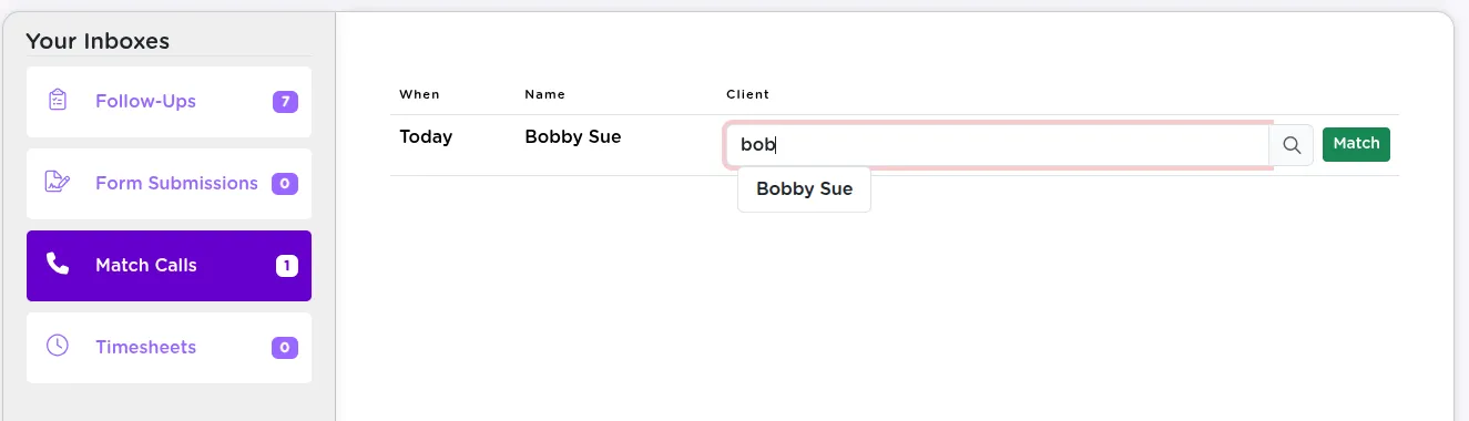 The staff interface for matching a volunteer call log entry to an existing client record in StriveDB