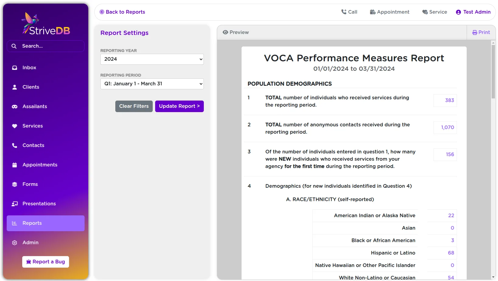 StriveDB one-click VOCA grant reporting interface